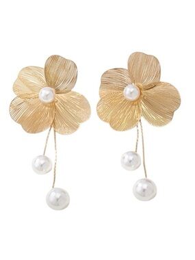 Gold Floral Earrings with Faux Pearls